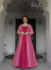 Red And Pink Colour Fancy Festive Long Flair Stylish Gown With Digital Print Jacket Design Pure Maslin Collection 11003